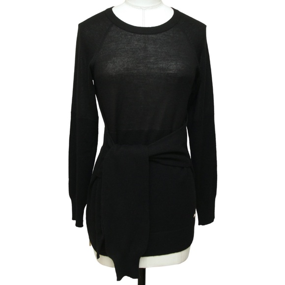 CHANEL Black Sweater Knit Top Long Sleeve Gold Tone Belt Tie Zipper HW Sz 34
